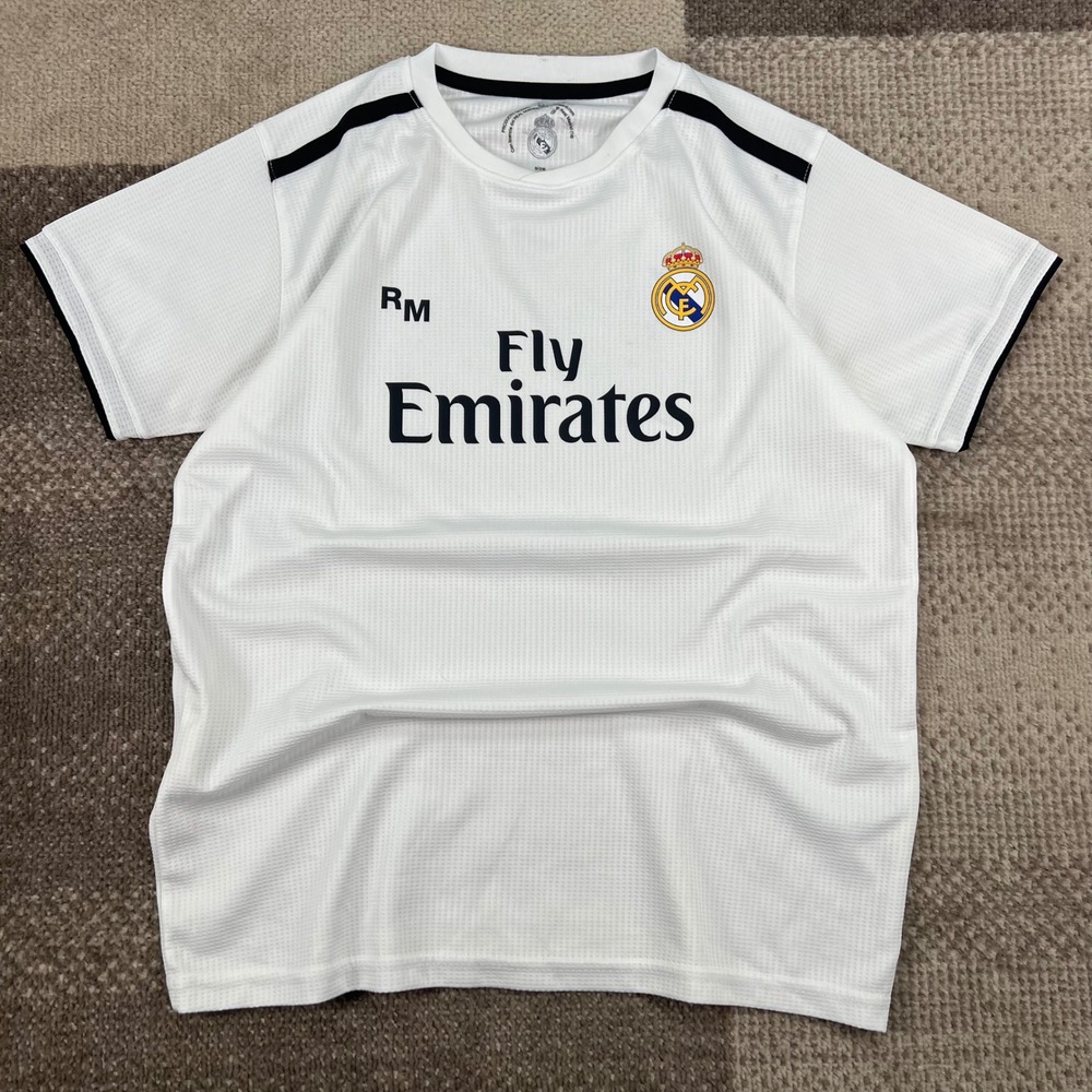 Real Madrid CF Fly Emirates Kids Soccer Jersey White Size 14 Youth Sport Shirt